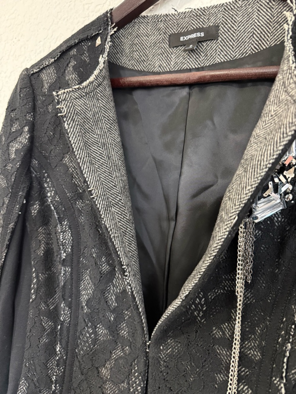 Express Lace Embellished Cropped Jacket | Black Evening Industrial | Size Small - Picture 10 of 16